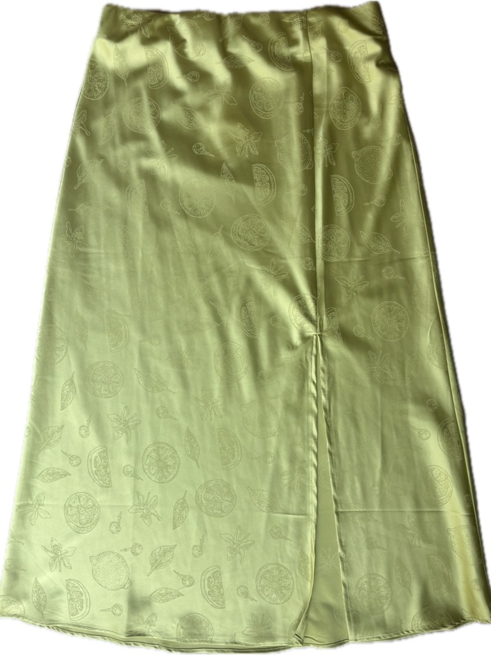 Skies Are Blue Green Satin Midi Skirt with Citrus Jacquard